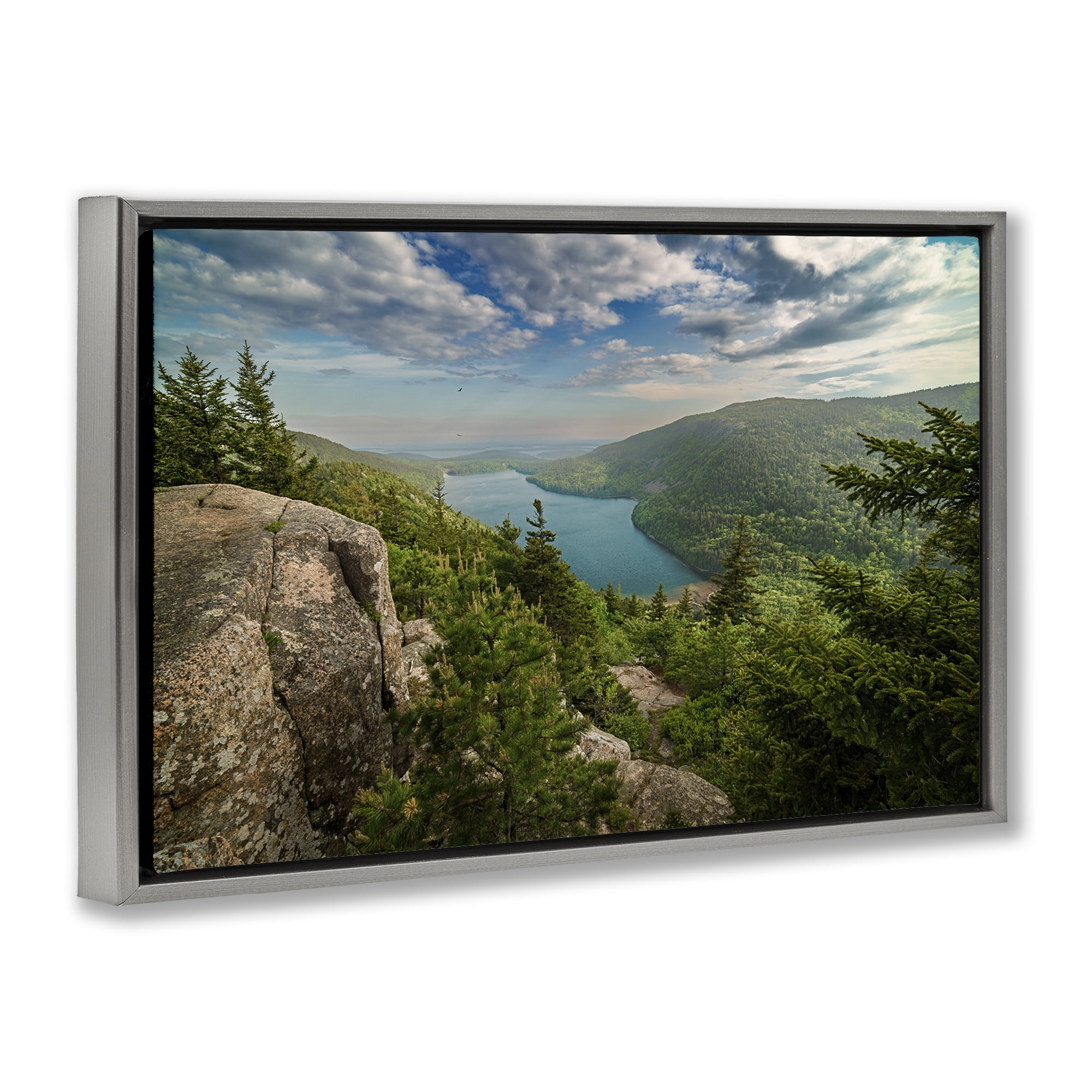 Stupell Industries Lake View Over Mountains Landscape & Nature Photography Gray Floater Framed Canvas Art Print Wall Art, 25 x 17
