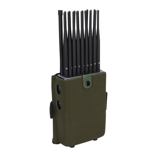 bloqueador de grabación de voz de 18 canales 25m radio de protección detector de señal jammer interceptor de grabación 25m 100-240v anggrek otros dispositivo rectangular con 18 antenas verticales numeradas, funda color #44 (verde olivo), cuerpo de aleación de aluminio con disipador y ventilación lateral, interruptores por canal y conexión AC 100-240V; radio de blindaje hasta 25 m según intensidad de señal; a menudo usado para pruebas de privacidad en interiores.