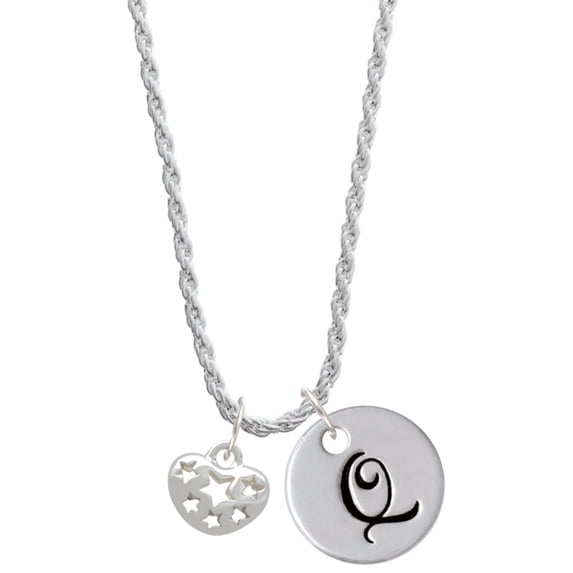Delight Jewelry Silvertone Small Heart with Cut Out Stars Silvertone Script Initial Disc - Q - Charm Necklace, 20"+3"