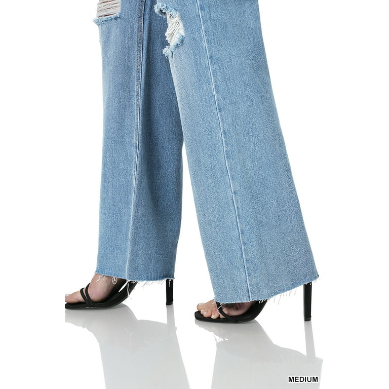 Zenana Women's High Rise Destroyed Raw Hem Straight Leg