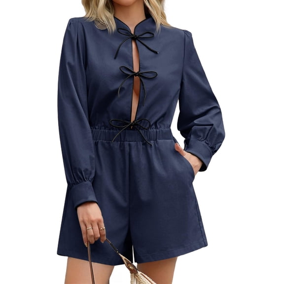 Long Lantern Sleeve Tie Front Women Casual Jumpsuit Shorts One Piece Romper