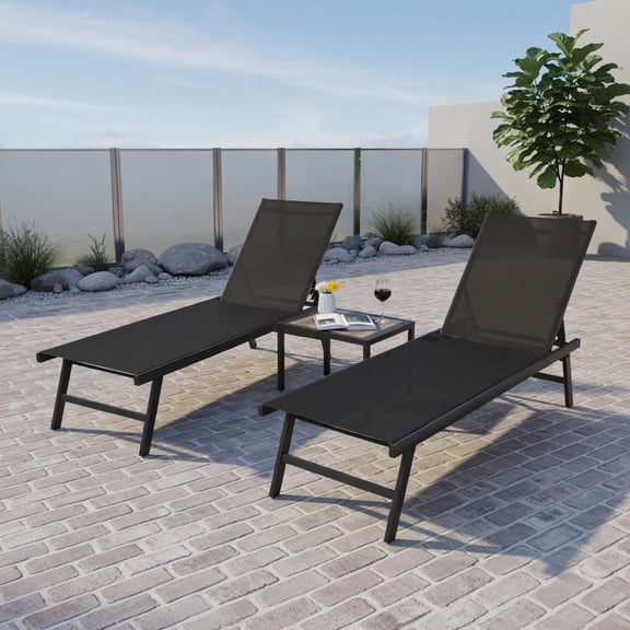 3-Piece Outdoor Patio Chaise Lounge Chair Set with Coffee Table – Adjustable Backrest, Aluminum Frame, Breathable Fabric – Brown & Navy