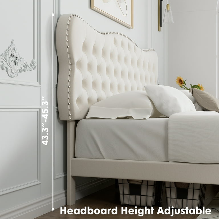 Adjustable Bedroom, White Upholstered Frame, with Bed Size Tufted Off for Platform Bed Velvet Headboard Queen Button Homfa