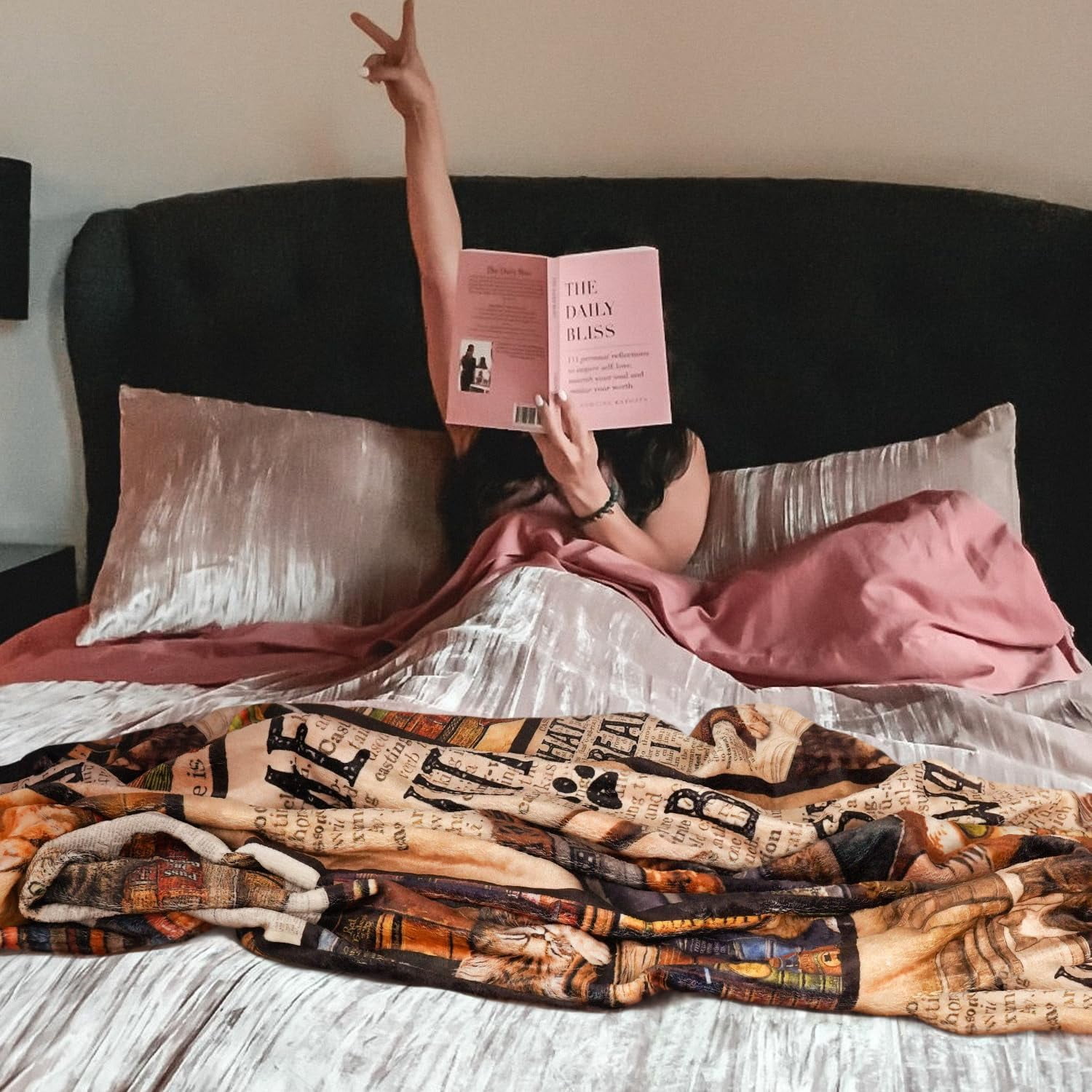 Book Lover Gift for Women Men - Cozy Fleece & Flannel Throw Blanket for Cat Lovers, Teachers, Librarians, Birthday Reading Gifts, 60"x50" for Couch, Bed, Chair, Dorm Room Decor