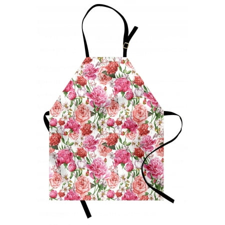 Watercolor Flower Apron Victorian Floral Pattern Painting Style Print with Peonies and Roses, Unisex Kitchen Bib Apron with Adjustable Neck for Cooking Baking Gardening, Pink Red White, by
