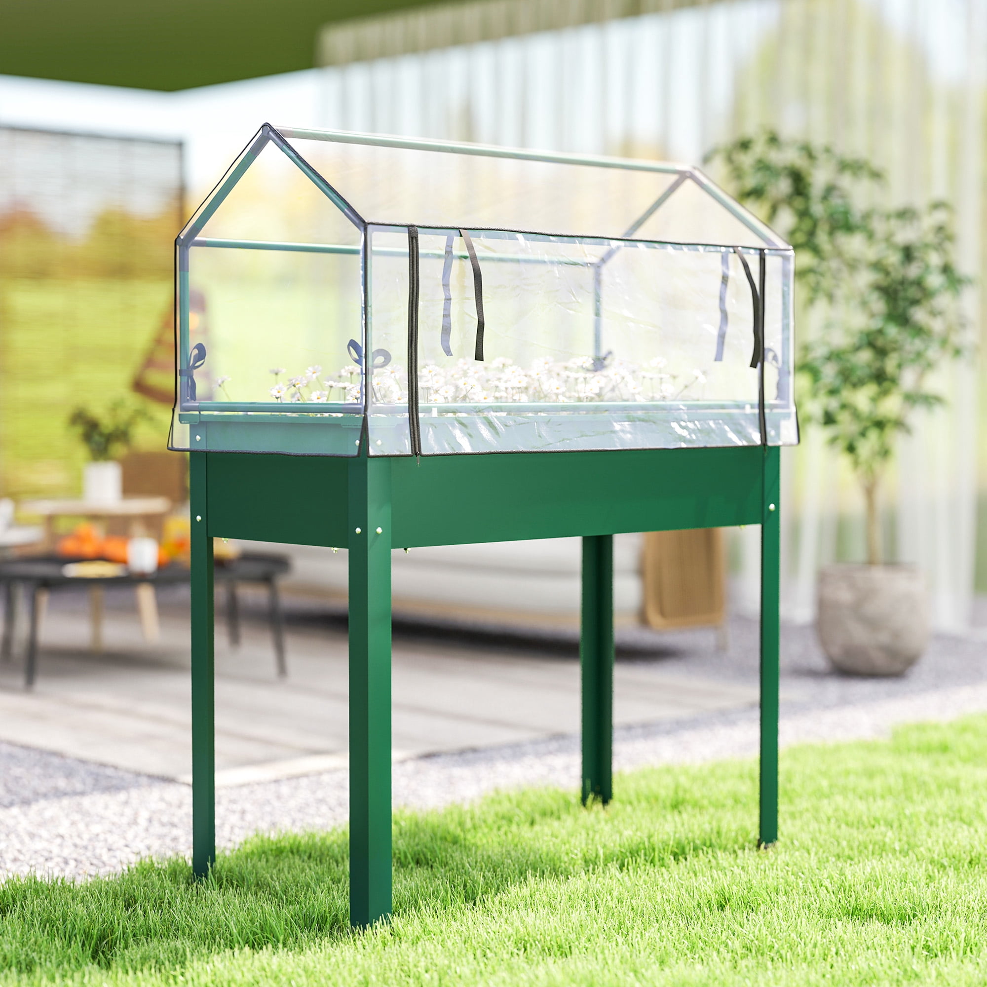 Outsunny Raised Garden Bed with Greenhouse Cover, Elevated Garden Box with Legs and Drainage Hole for Vegetables, Green