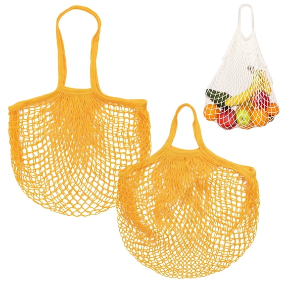 Uxcell 2-Pack Cotton Mesh Bag, Reusable Washable Net Grocery Bags for Shopping [Yellow, Long&Short Handle]