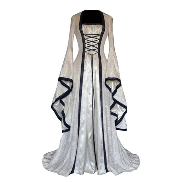 SHOPESSA Women's Halloween Costumes Retro Style Solid Color Trumpet Sleeve Princess Maxi Dress