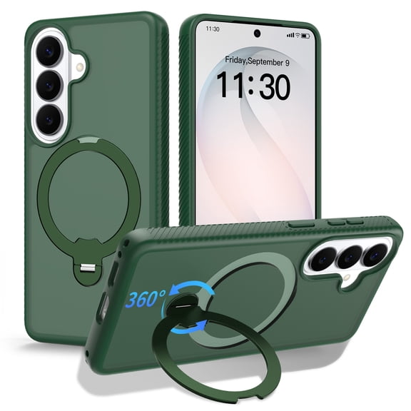 for Samsung Galaxy S26 Phone Case with Magnetic Ring Holder, Slim Shockproof TPU Bumper Hard PC Back Cover, 360° Adjustable Kickstand, Anti-Slip Grip Lightweight Protective Case, Darkgreen
