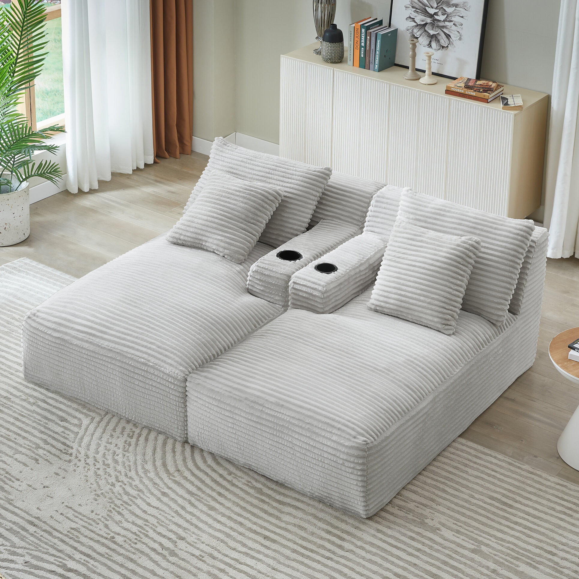 71" Oversized Double Chaise Lounges Indoor, Upholstered Corduroy Sofa Bed with Dual Cup Holders, Sectional Sleeper Loveseat for Living Room, Light Grey