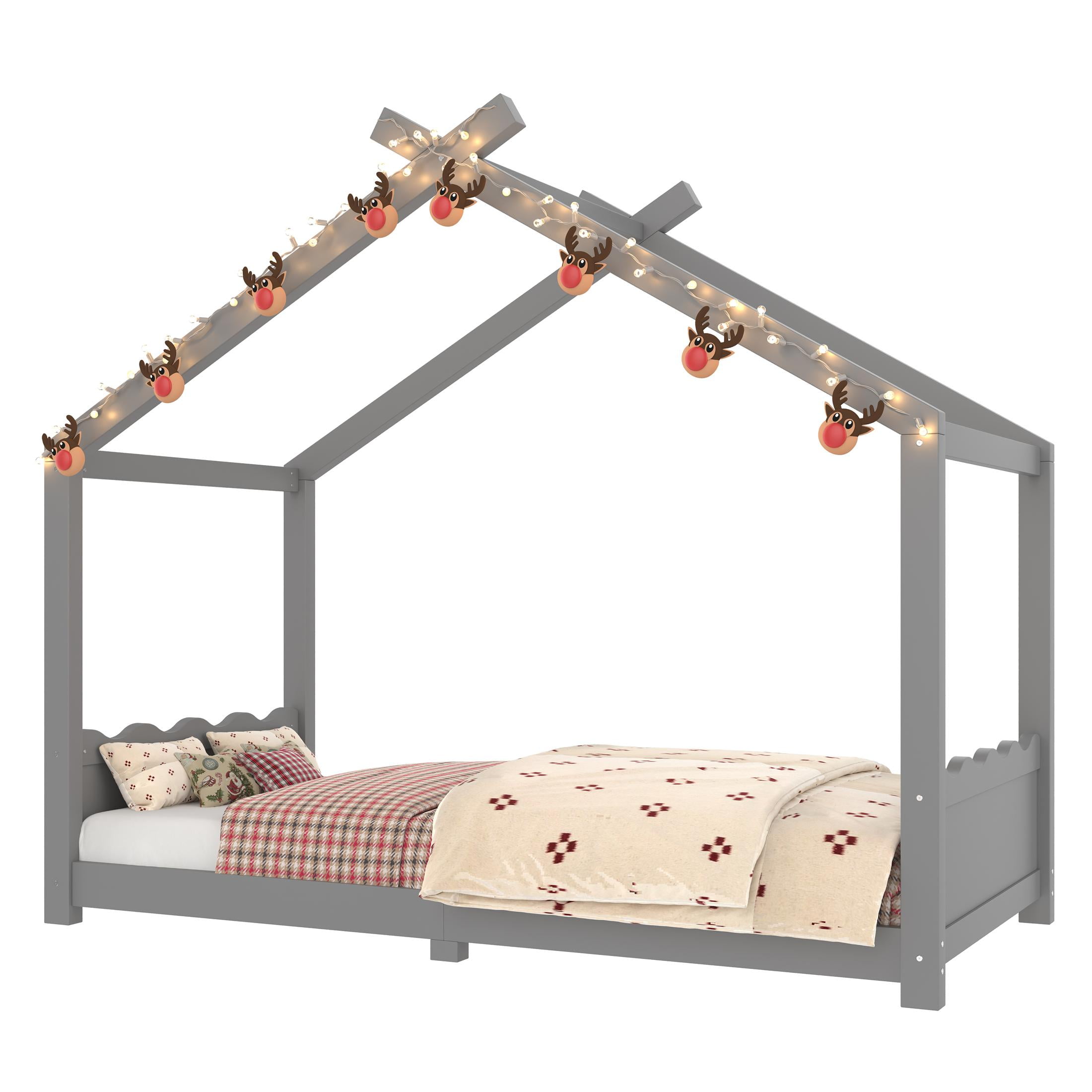 ENYOPRO House Bed with Fence,Solid Wood House Bed,Floor Bed Frame,Twin Canopy Bed for Bedroom, Twin House Floor Bed with Support Slats(Gray)