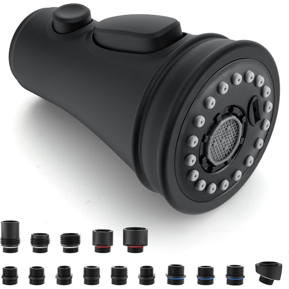 Kitchen Faucet Spray Head Replacement - Pull Down Faucet Sprayer Head with 15 Adapters, 3-Function Kitchen Sink Faucet Head, Replacement Pull Out Faucet Head Nozzle, Matte Black