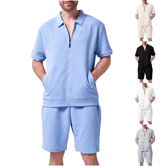 FRSASU Men's Full Zip Short Sleeve Polo Jacket & Drawstring Shorts Texture Set 2pcs Regular Fit Casual Sport Tracksuit with Pockets White