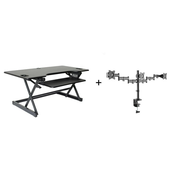Rocelco 46" Large Height Adjustable Standing Desk Converter with Triple Monitor Mount BUNDLE - Quick Sit Stand Up Computer Workstation Riser - Retractable Keyboard Tray (Black)