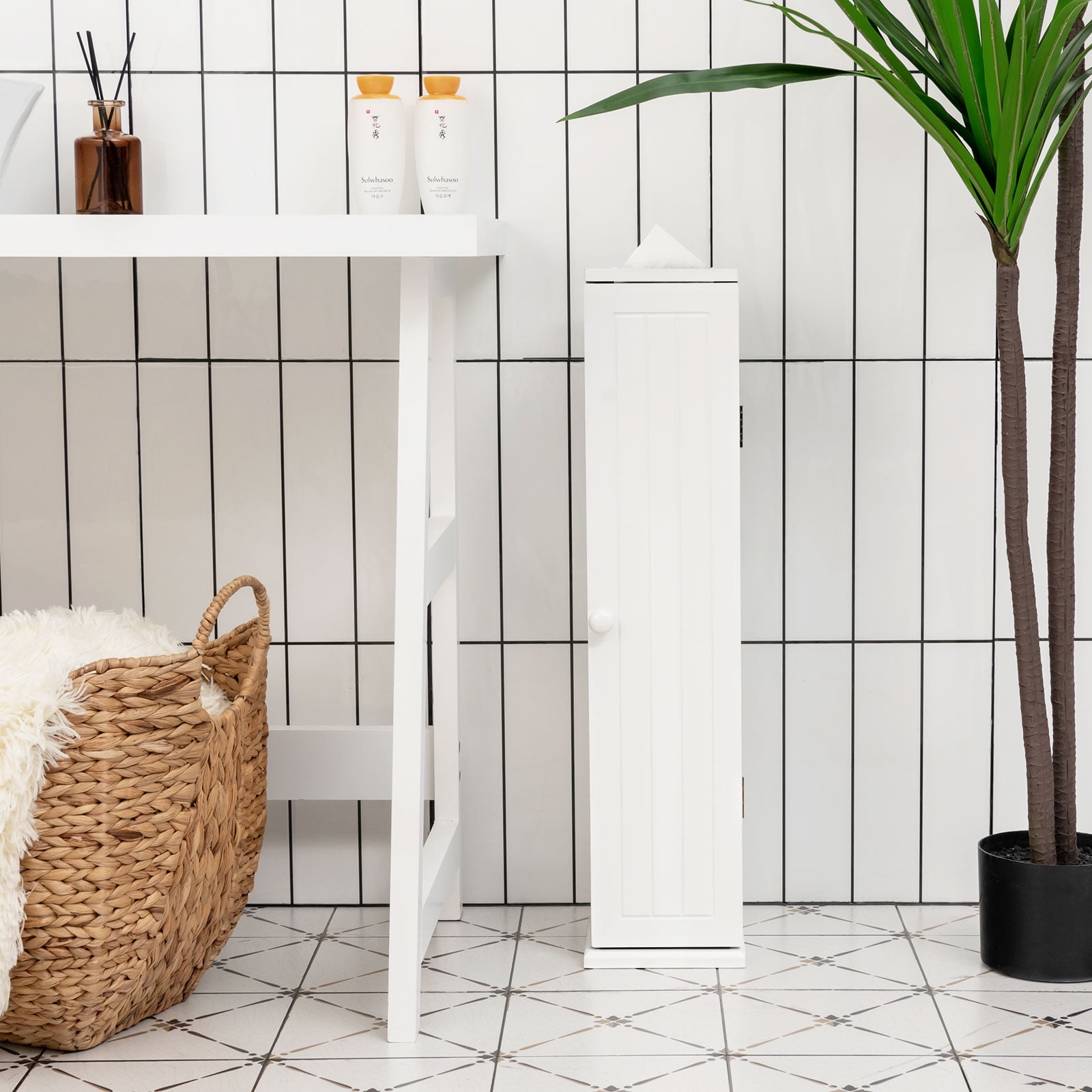 Topbuy Bathroom Tissue Paper Holder Narrow Tall Storage Cabinet Toilet Side Storage Shelf White