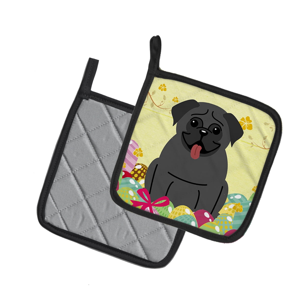 Caroline's Treasures Easter Eggs Pug Black Pair of Pot Holders
