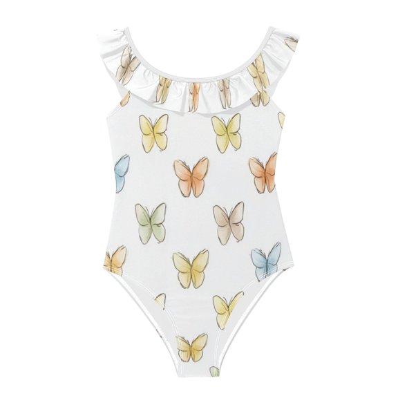Girls Ruffled One Piece Swimsuit Summer Beach Vacation Swimwear Tank Swimsuit White Background Butterfly