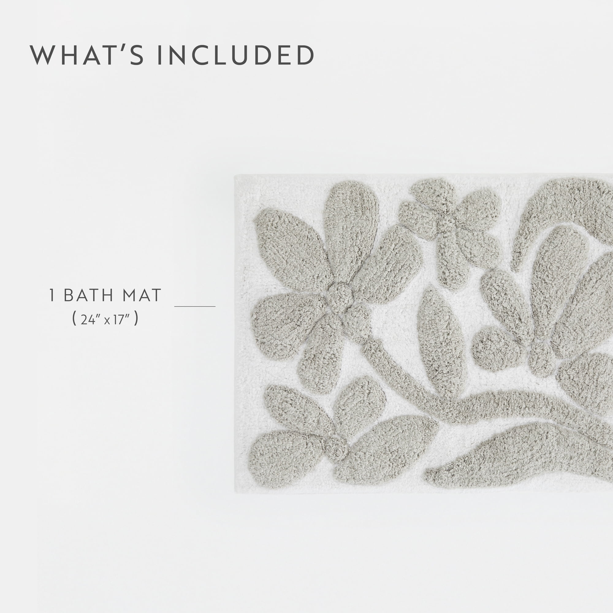 Noble Linens Floral Pattern Cotton Bath Mat, 24 in x 17 in, Floral Light Gray