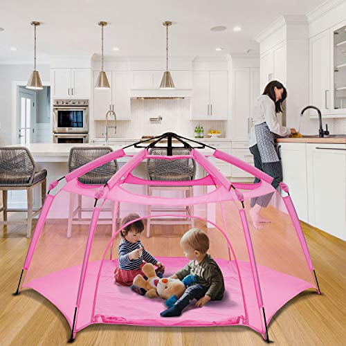 Alvantor Playpen Play Yard Space Canopy Fence Pin 6 Panel Popup Foldable and Portable Lightweight Safe Indoor Outdoor Infants Babies Toddlers Kids 7?x7?x44? Pink Patent