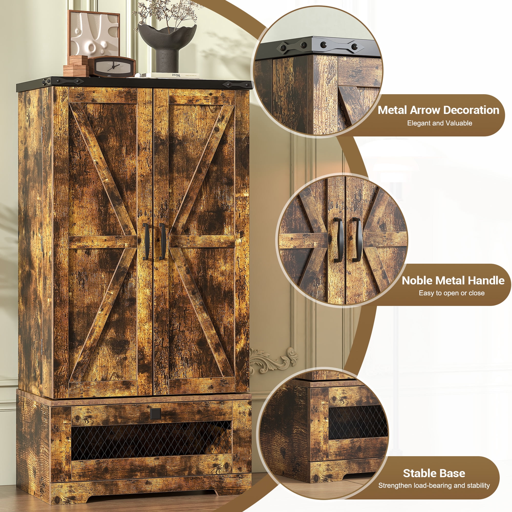 Casendy Kitchen Pantry Cabinets with Adjustable Shelves and Drawer, Farmhouse Kitchen Pantry Storage Cabinet with Doors, Buffet Cupboards Sideboard for Dining Room, Bathroom, Brown