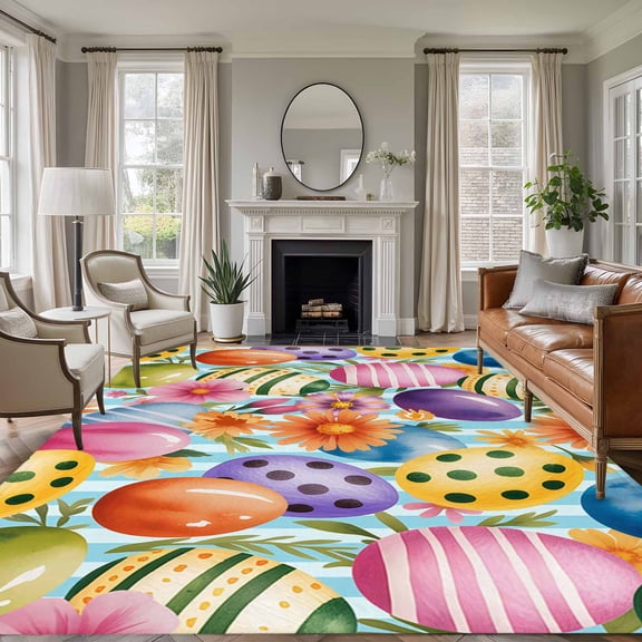 5'x7' Area Rugs for Living Room Bedroom, Easter Colorful Eggs Washable Rug Carpet Runner Indoor Outdoor, Spring Floral Polka Dot Blue Striped Non Slip Floor Mats Area Rug for Kitchen, Nursery