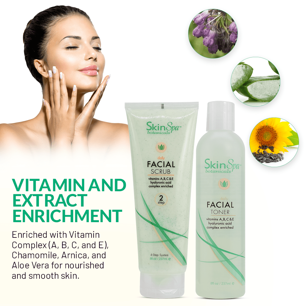 SKIN SPA Facial Cleanser Set, 8 oz - Daily Routine Kit with Aloe Vera, Face Wash, Scrub, Toner