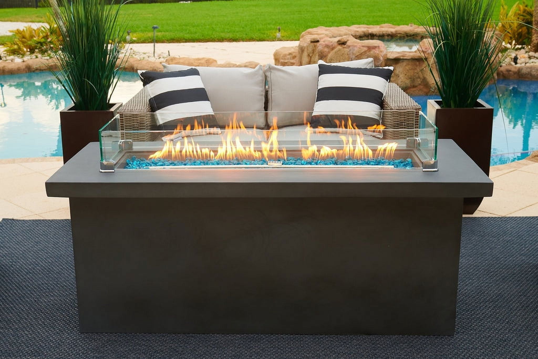 60" Rectangular Chat Height Outdoor Propane Gas Concrete Smokeless Fire Pit for Patio, Table with Glass Guard and Crystals in Gray (Clear Crystals)