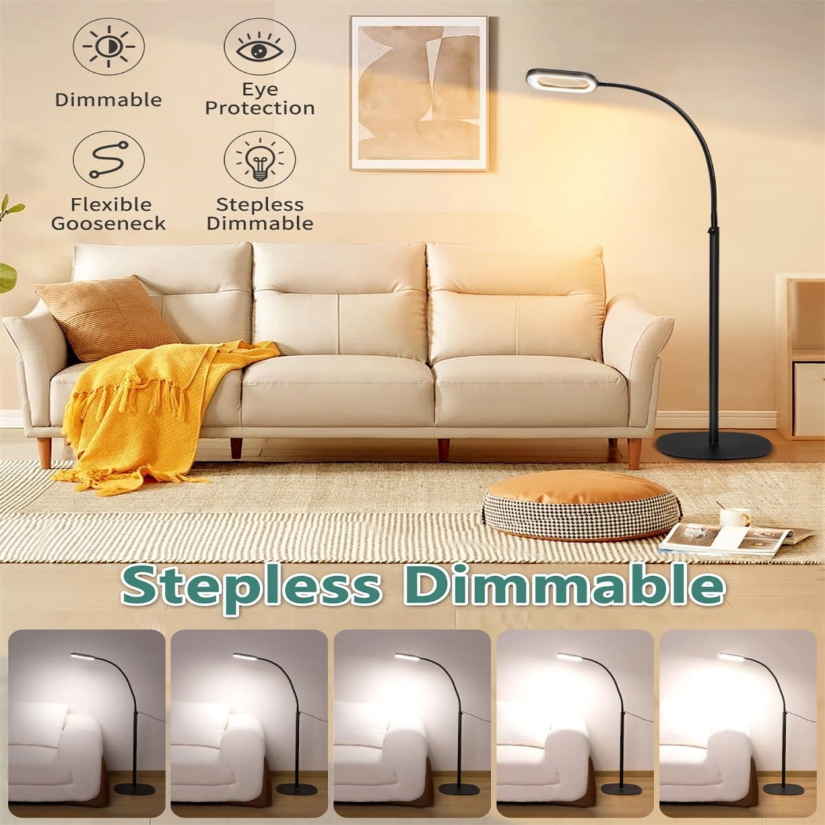 Veemagni Magnifying Glass with Light and Stand, Rectangular Real Glass Lens, 24" Flexible Gooseneck 3-in-1 Floor Lamp,5 Color Modes, Stepless Dimmable,  Hands Free for Craft Hobby Reading.