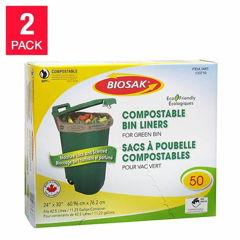 Biosak Compostable Green Bin Liners, 60.96 cm × 76.2 cm (24 in × 30 in), 50 liners, 2-pack