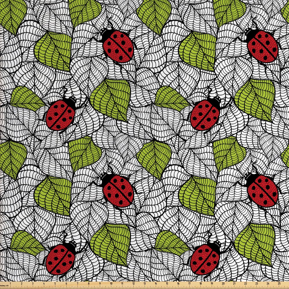 Ladybugs Fabric by The Yard, Ecological Fresh Leaves and Ladybugs