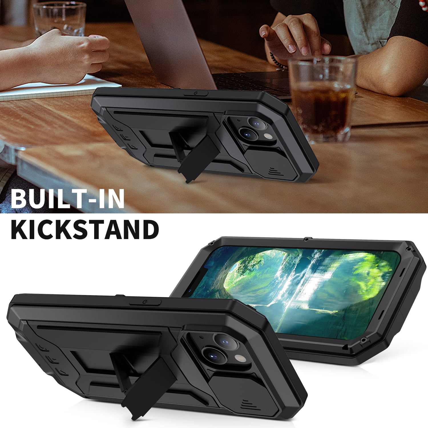 Compatible with iPhone 13 Case with Built-in Glass Screen Protector, Allytech Full Body Shockproof Life Waterproof Kickstand Slide Camera Lens Protective Case for iPhone 13 5G 6.1" 2021, Black