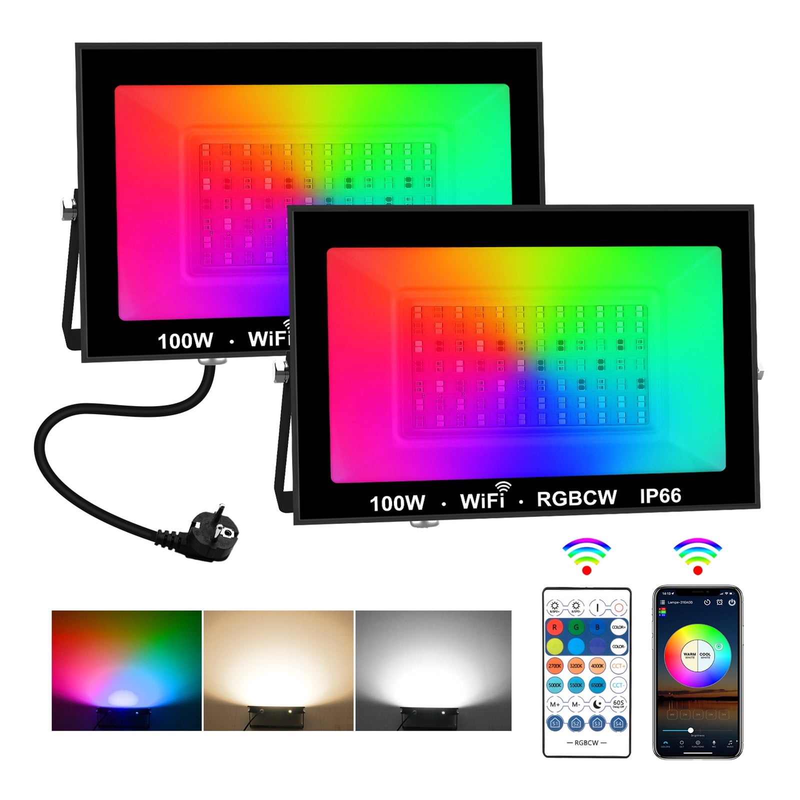 Ultra-thin 100W LED Flood Light With Remote Control Floodlight Spotlight IP66 Waterproof Outdoor Garden Lamp Wall Light ,Brings Out Natural Colors