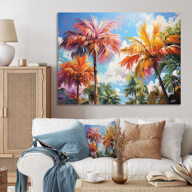 Designart Palms & Palm Trees Wall art decor, Palms & Palm Trees Wall Art, Colorful Palm Trees composition IX , Multi-Color Traditional Canvas wall art, 20x12 inches