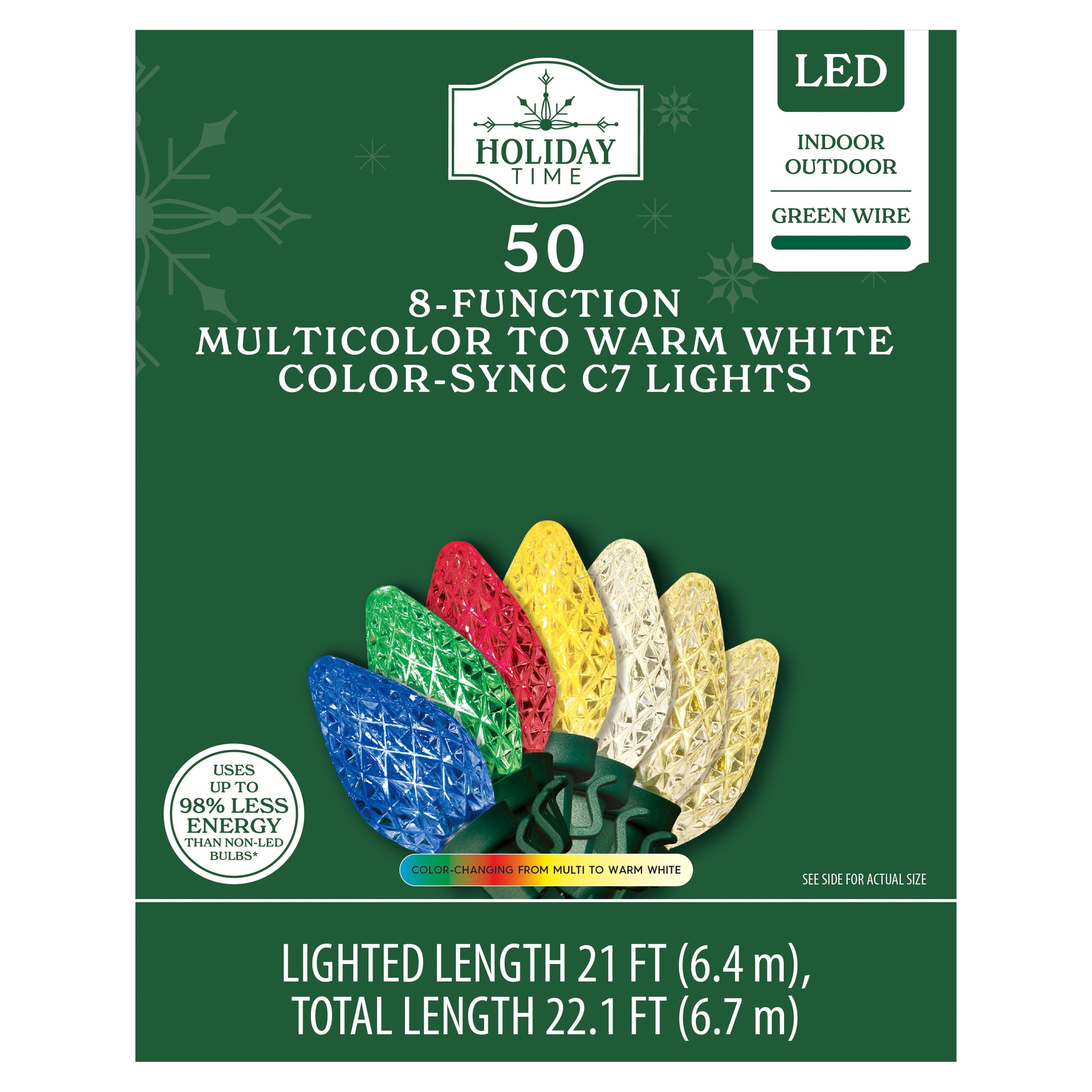 Indoor/Outdoor 50-Count LED 8-Function Color-Sync C7 Christmas String Lights, Multicolor to Warm White, Green Wire, 21', by Holiday Time