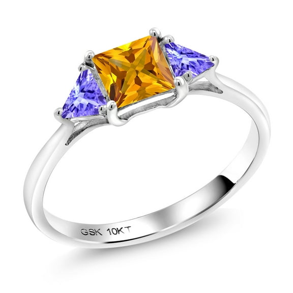 Gem Stone King 10K White Gold Yellow Citrine and Blue Tanzanite 3 Stone Engagement Ring for Women (0.94 Cttw, Gemstone November Birthstone, Princess Center 5MM, Trillion 3.5MM, Size 8)
