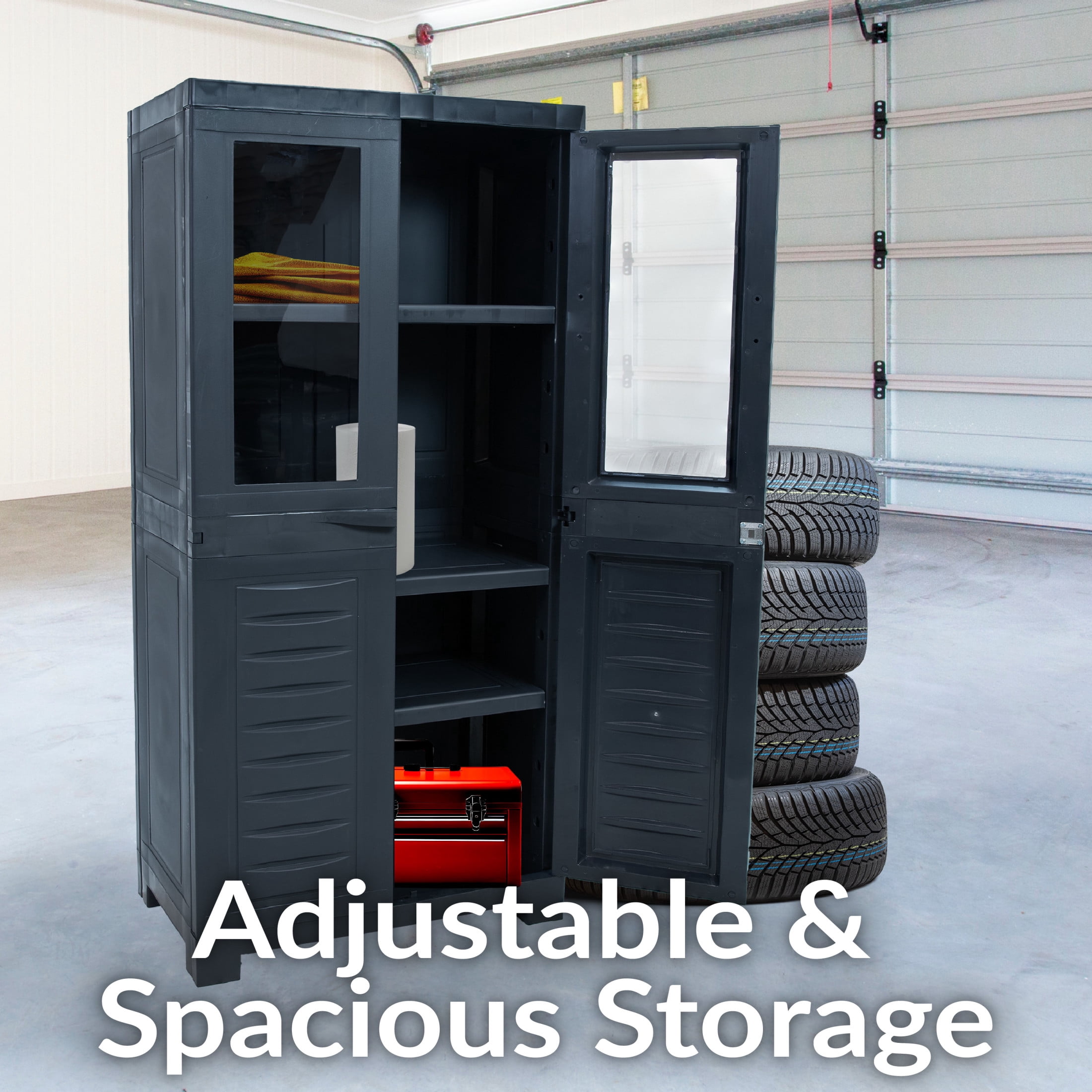 Sunnydaze Lockable Adjustable 48.75" Plastic 3-Shelf Freestanding Garage Storage Cabinet, Charcoal
