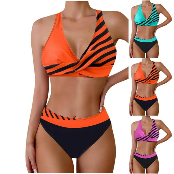 UTSJKR Swim Suits for Women 2025 Cheeky String Bikini Set Sexy Tie Side Mid Waist Bathing Suit V-Neck Striped Swimsuit Hot Pink M