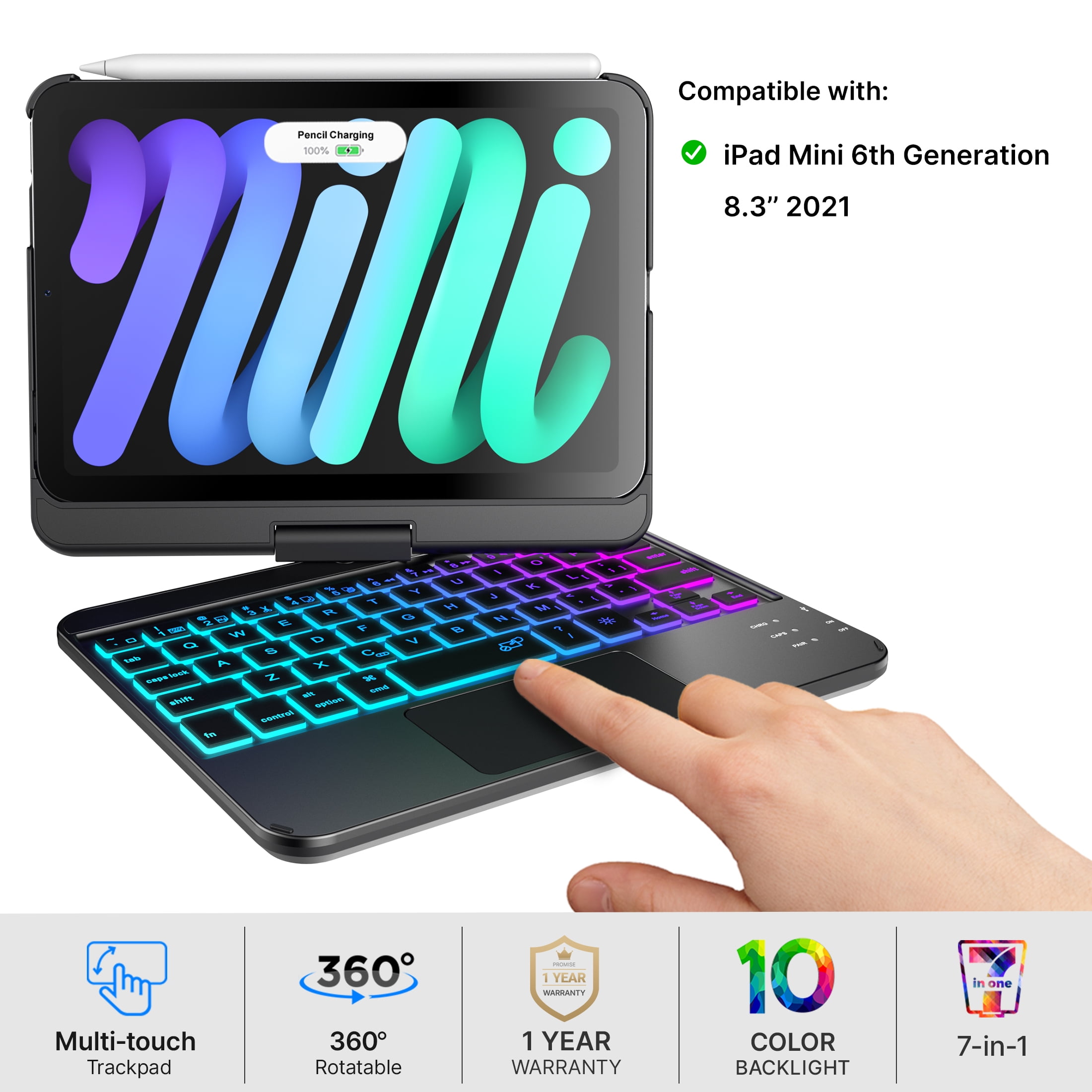 Typecase Keyboard Case with Trackpad for iPad Mini 6th Gen 2021 10 Colors Backlit Keyboard for
