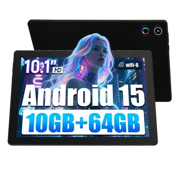 10.1 Inch Android 15 Tablet, Octa-Core Touch Screen Tablet, 10GB RAM 64GB ROM(Expand to 1tb), 5MP 8MP Dual Cameras, Dynamic Halo, Face ID, Bluetooth, WiFi 6, 5000mAh Battery,Black