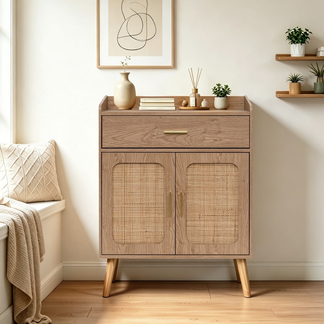 Farmhouse Buffet Cabinet, Kitchen Storage Cabinet with 1 Drawer & 2 Doors, Sideboard Cabinet with Solid Wood Feet for Dining Room, Living Room & Entryway, Natural