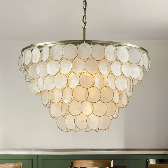 W24 in 5 Lights Coastal Capiz Shell Chandelier Farmhouse Tiered Seashells Light Fixture in Aged Bronze with Natural White Shells for Dining Room Bathroom