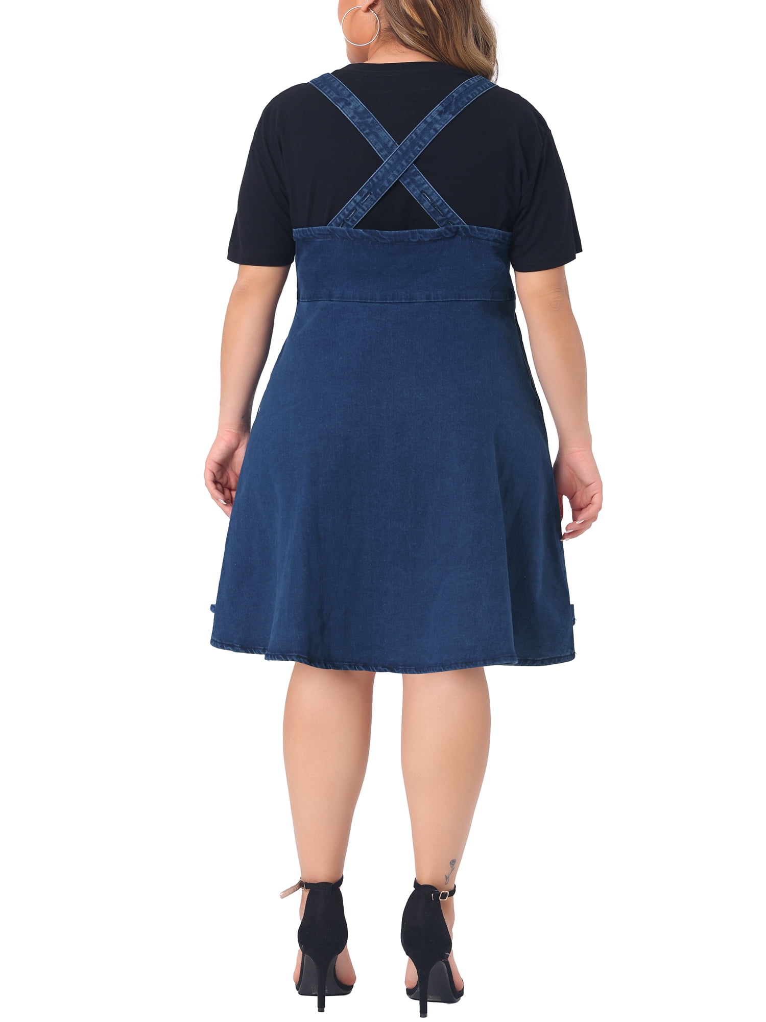 DARING DIVA Women's Plus Size Denim Overall Adjustable Straps Pockets Dress 5X Dark Blue