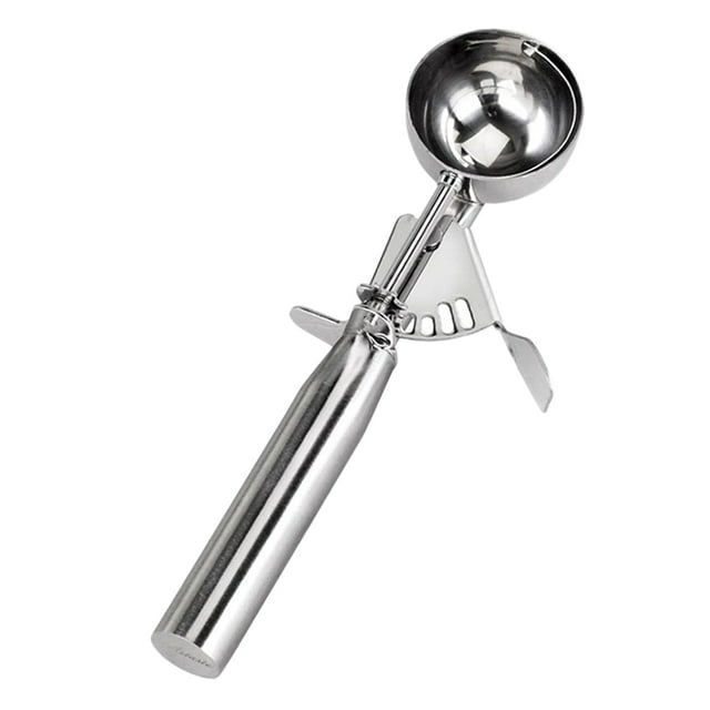 Stainless steel ice cream scoop with trigger mechanism, small size, featuring a polished silver finish. Designed for creating uniform portions of ice cream, cookie dough, melon balls, mashed potatoes, and more. Durable, rust-resistant, and easy to clean, with a comfortable grip handle. Ideal for home kitchens, restaurants, or ice cream parlours.