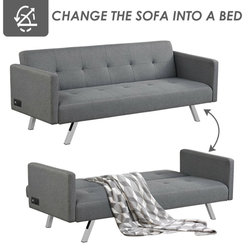 Finihen Convertible Futon Sofa Bed, Modern Convertible Sleeper Couch, 3 Seat Convertible Linen Fabric Futon Sofa with USB and Power Strip, for Living Room, Gray Finihen Convertible Futon Sofa Bed, Modern Convertible Sleeper Couch, 3 Seat Convertible Linen Fabric Futon Sofa with USB and Power Strip, for Living Room, Gray