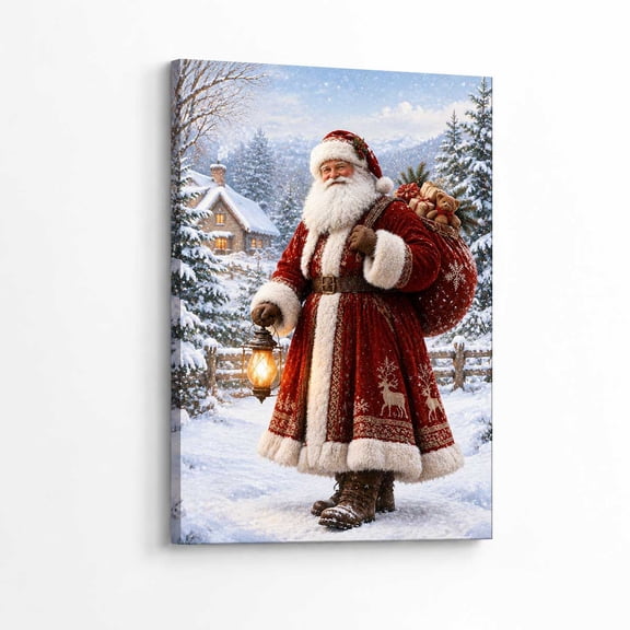 Elmivo Whimsical Magical Winter Oil Painting Style Santa Carrying Toy Sack Framed Canvas Wall Art 8x12
