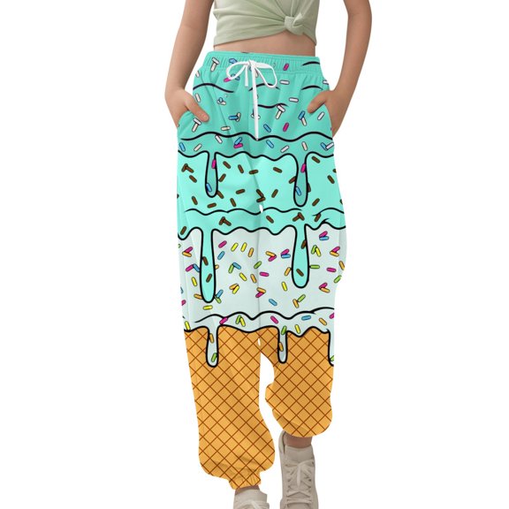 Kiijoy Toddler Girls Sweatpants Kids Ice-Cream Print Drawstring Active Pants, Sizes 4-5