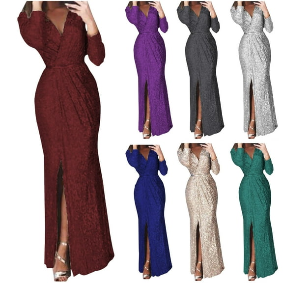 Utoimkio Women's Sequins Long Sleeve V Neck Evening Gown for Women Side Split Party Maxi Dresses for Women