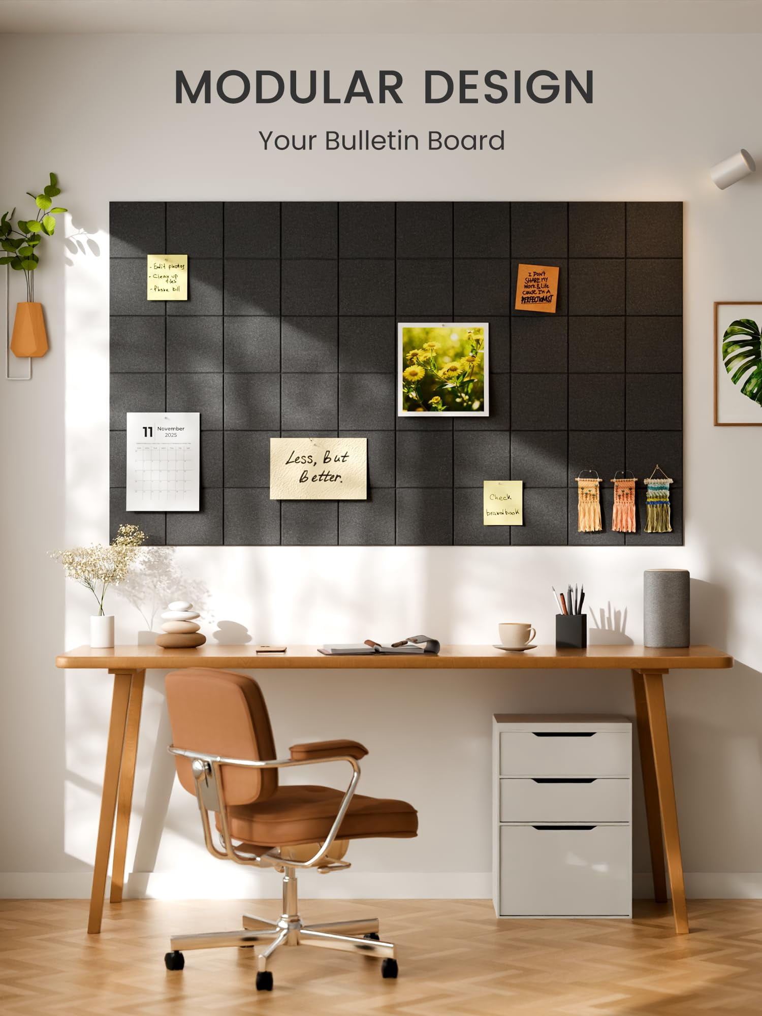 Large Felt Bulletin Board  36" X 24" Cork Alternative 6-pack Wall Tiles With 4-compartment Design 30 Push Pins 40 Adhesive Tabs Ideal For Office & Home Decor Charcoal Gray