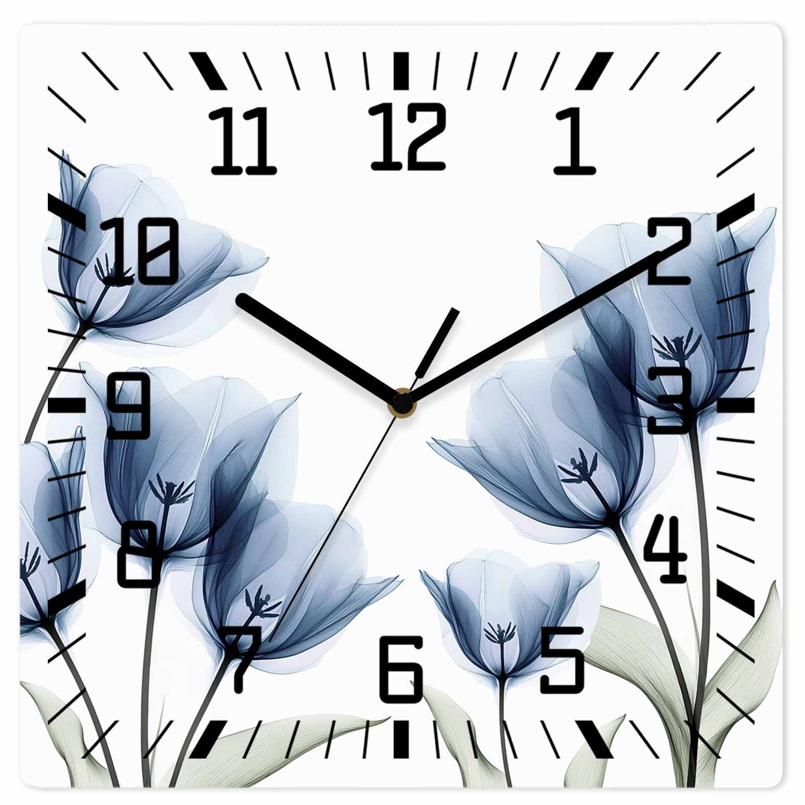 Blue Tulips Floral Wooden Wall Clock Silent Non Ticking, Spring Farmhouse Elegant Flowers Square Wall Clocks Battery Operated, Decor Clock for Home Office, Living Room, Kitchen, 10 Inch