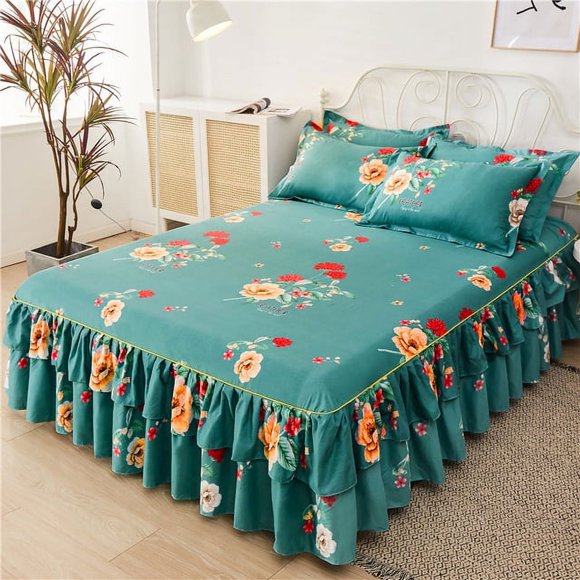Ensemble de Literie 3 Pcs Jupe de Lit Simple à Fleurs avec Taies d'Oreiller Couvre-Lit de Mariage Drap Housse de Matelas Double Simple Grand Très Grand Draps
